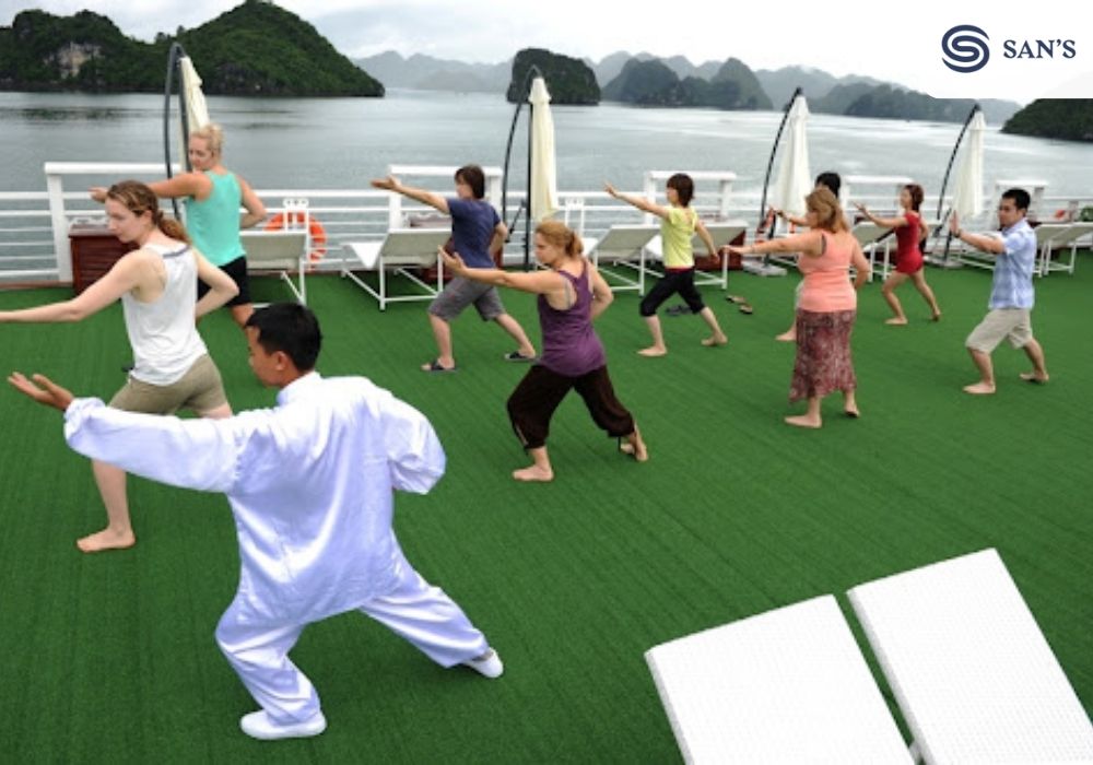 Practicing Tai Chi in the morning on the deck of the Ha Long cruise ship